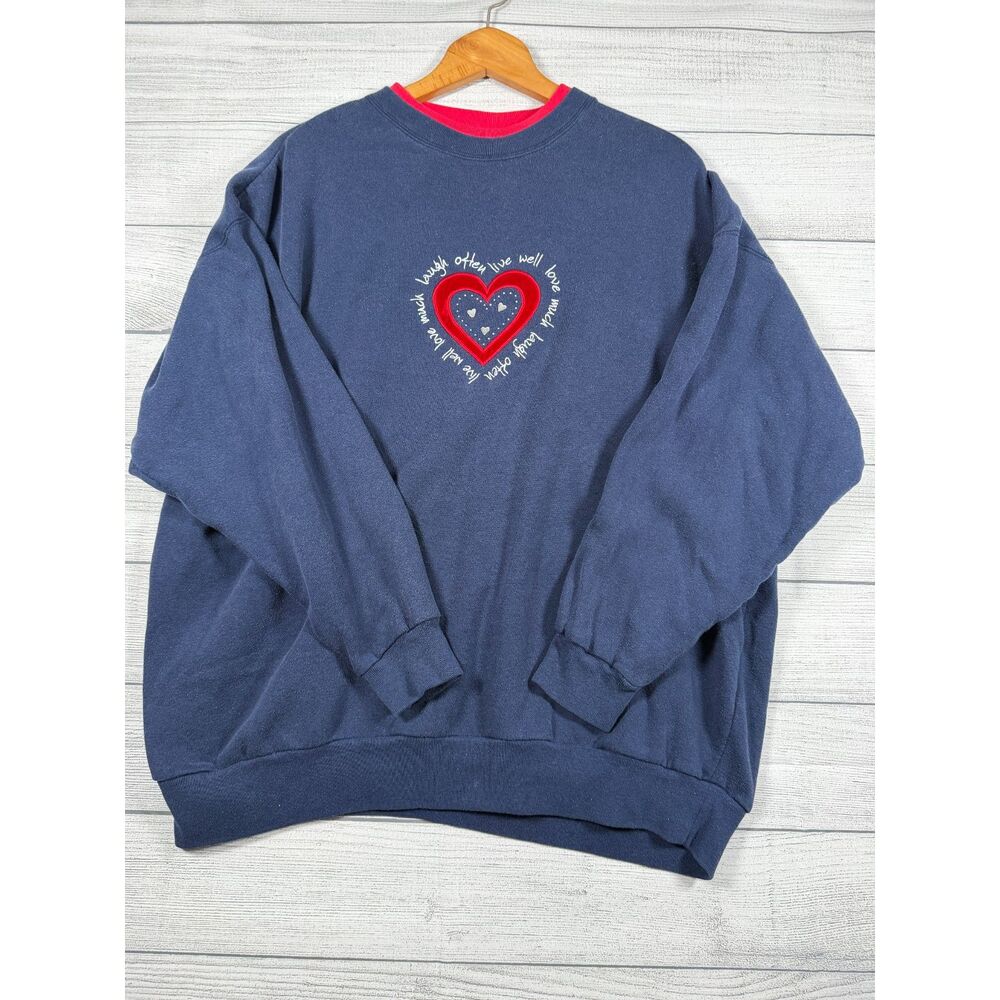Vintage Womens 2X Navy Heart Embroidered Grandma Sweatshirt Red Trim 4049